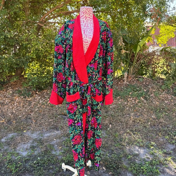 Vintage 80s‎ 90s Victorias Secret Gold Label Red Floral Full Length Robe Size L - Picture 1 of 12